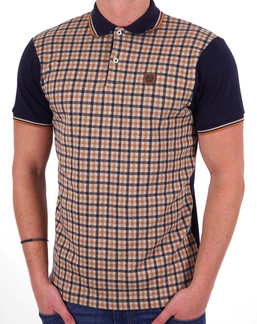 Trojan Gingham Check Panel Polo Navy/Camel - Image 3