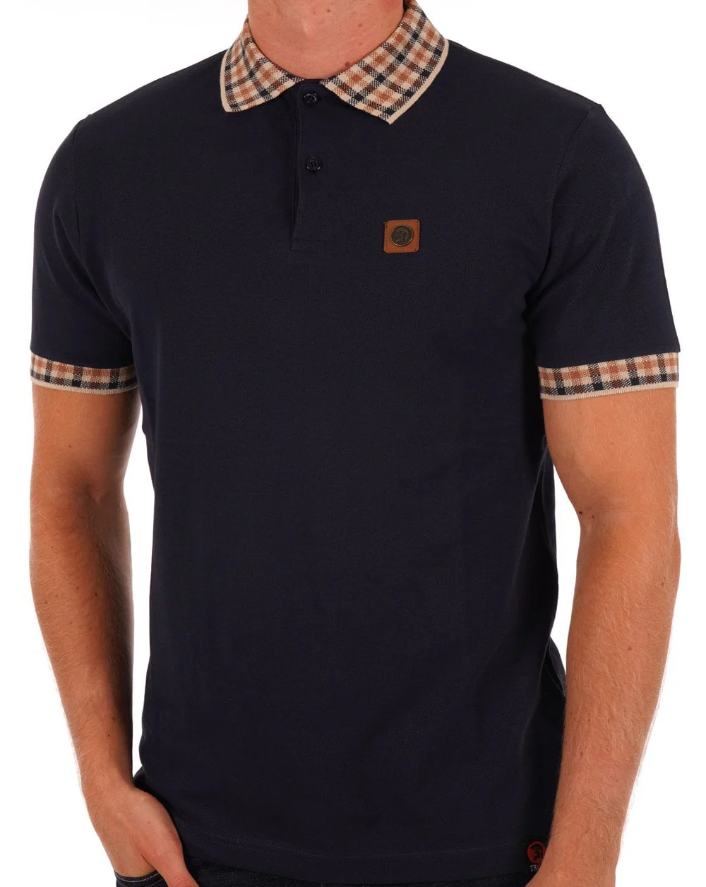 Trojan Gingham Detail Polo Navy - Image 3