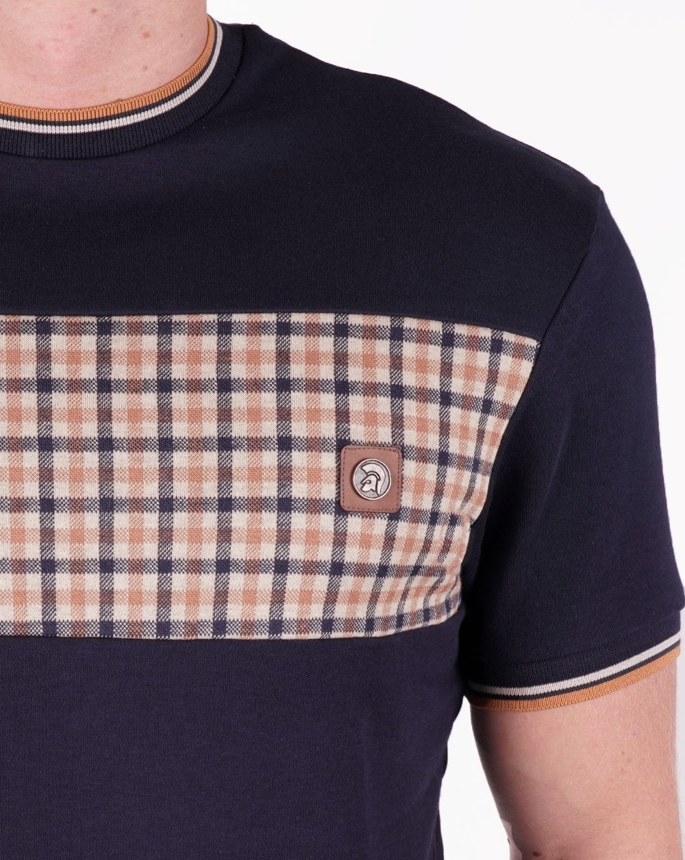 Trojan Gingham Panel T Shirt Navy - Image 2
