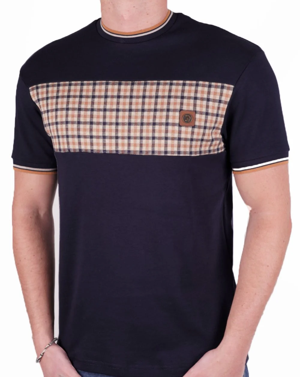 Trojan Gingham Panel T Shirt Navy - Image 3