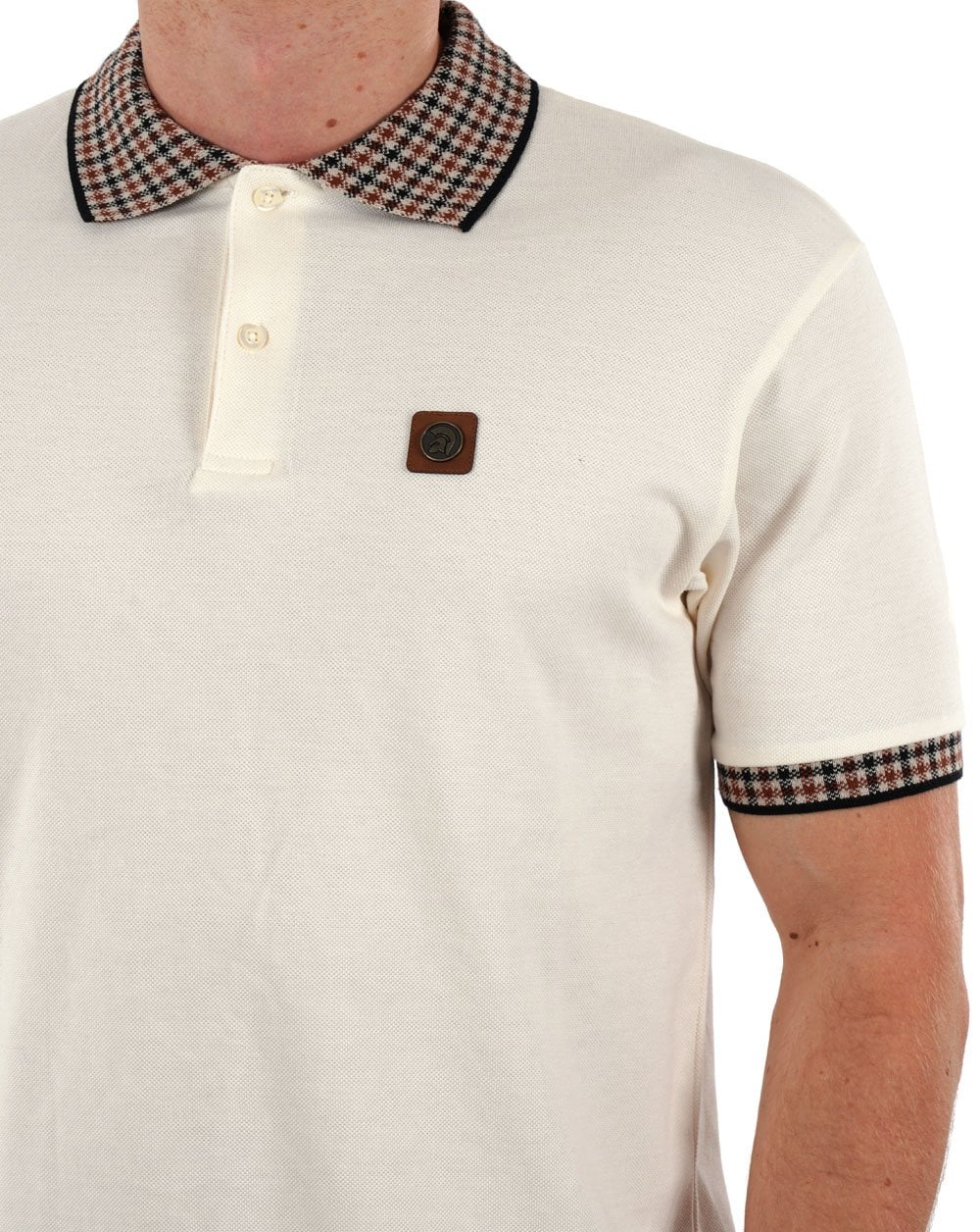 Trojan Gingham Trim Polo Ecru - Image 2