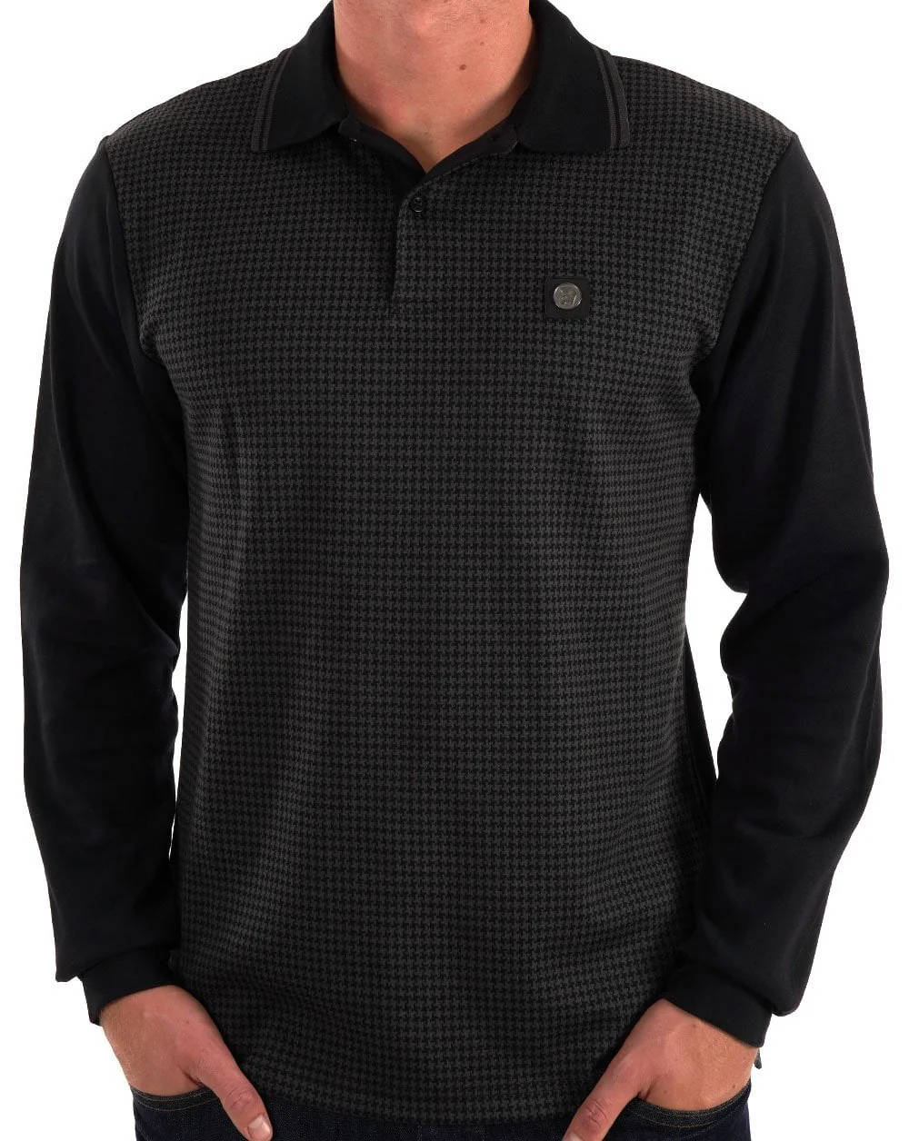 Trojan Houndstooth Long Sleeve Polo Black - Image 3