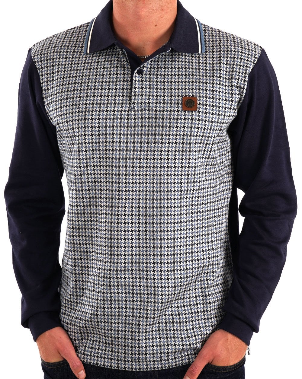Trojan Houndstooth Long Sleeve Polo Navy - Image 2