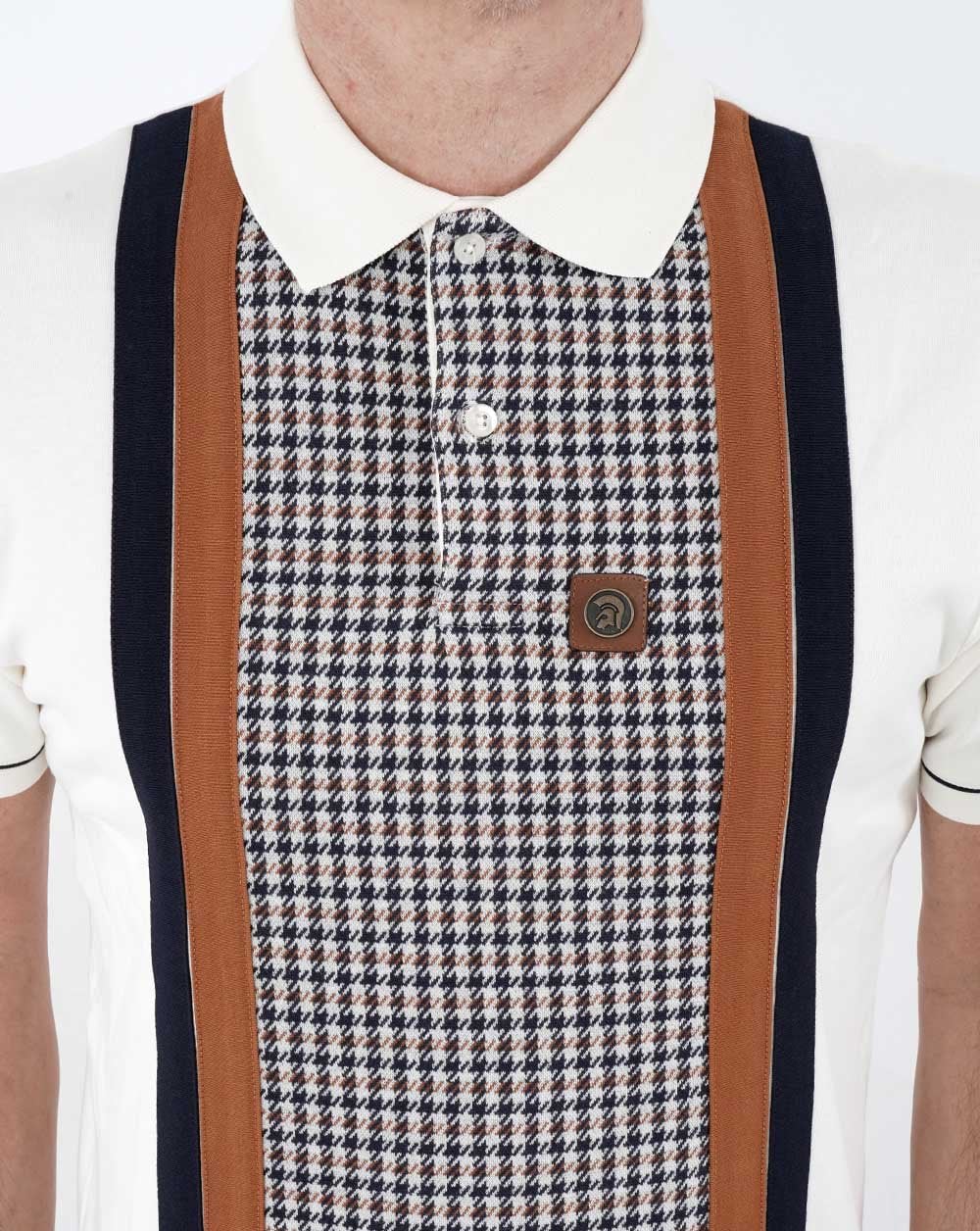Trojan Houndstooth Panel Polo Cream/Brown/Navy - Image 2