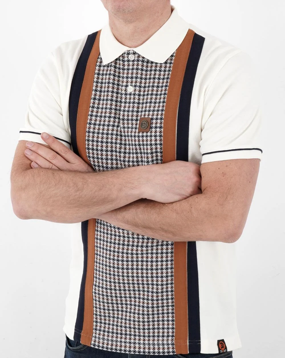 Trojan Houndstooth Panel Polo Cream/Brown/Navy - Image 3