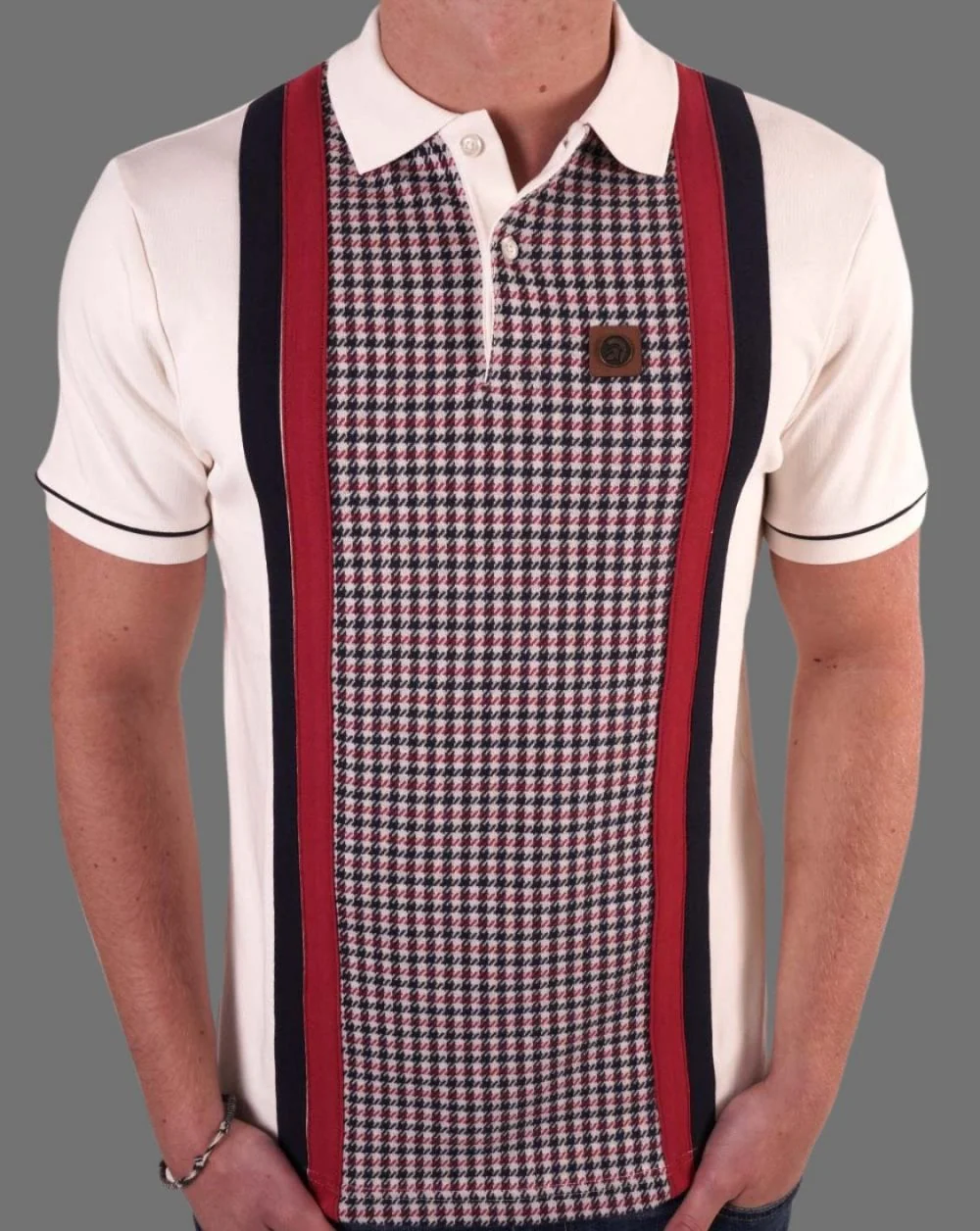 Trojan Houndstooth Panel Polo Ecru - Image 3