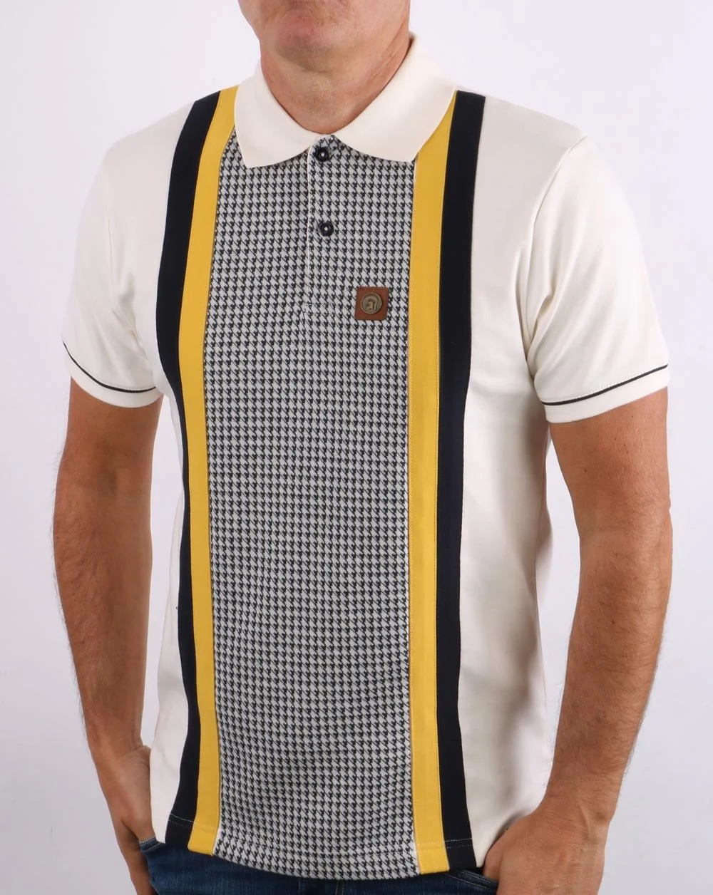 Trojan Houndstooth Panel Polo Shirt Cream