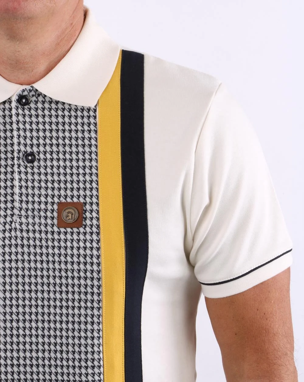 Trojan Houndstooth Panel Polo Shirt Cream - Image 2