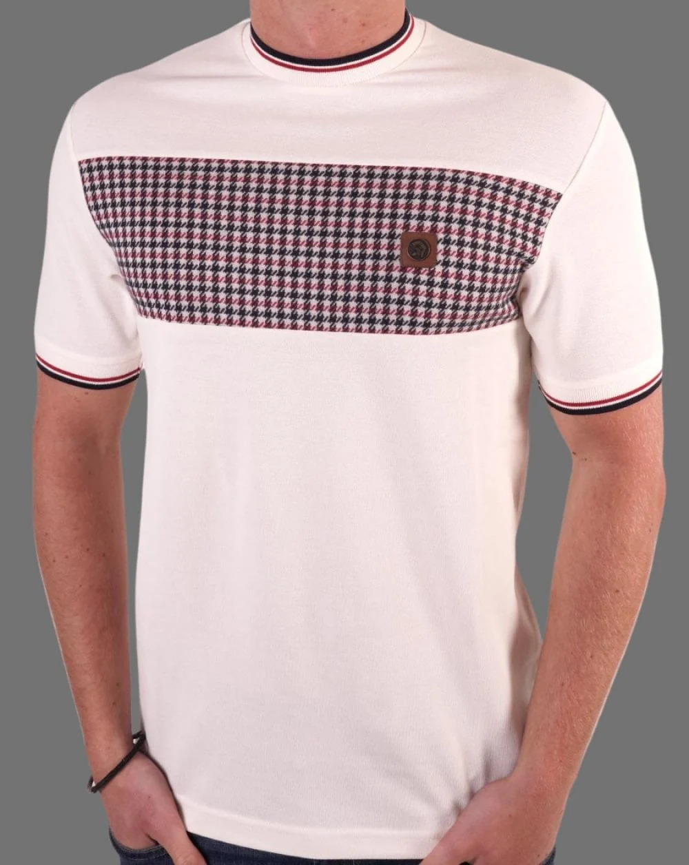 Trojan Houndstooth Panel T Shirt Ecru