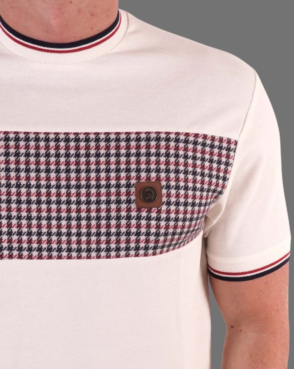 Trojan Houndstooth Panel T Shirt Ecru - Image 2