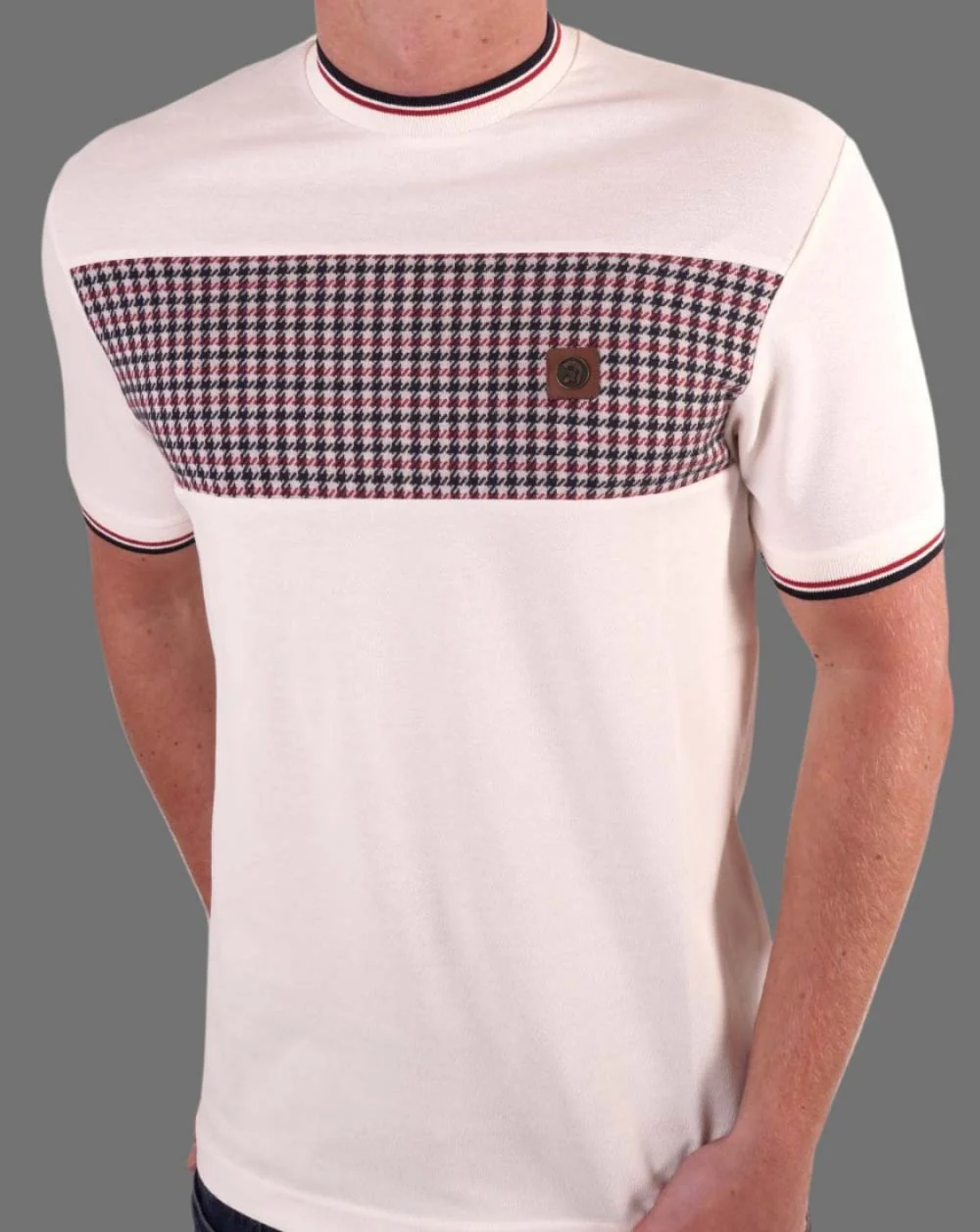 Trojan Houndstooth Panel T Shirt Ecru - Image 3