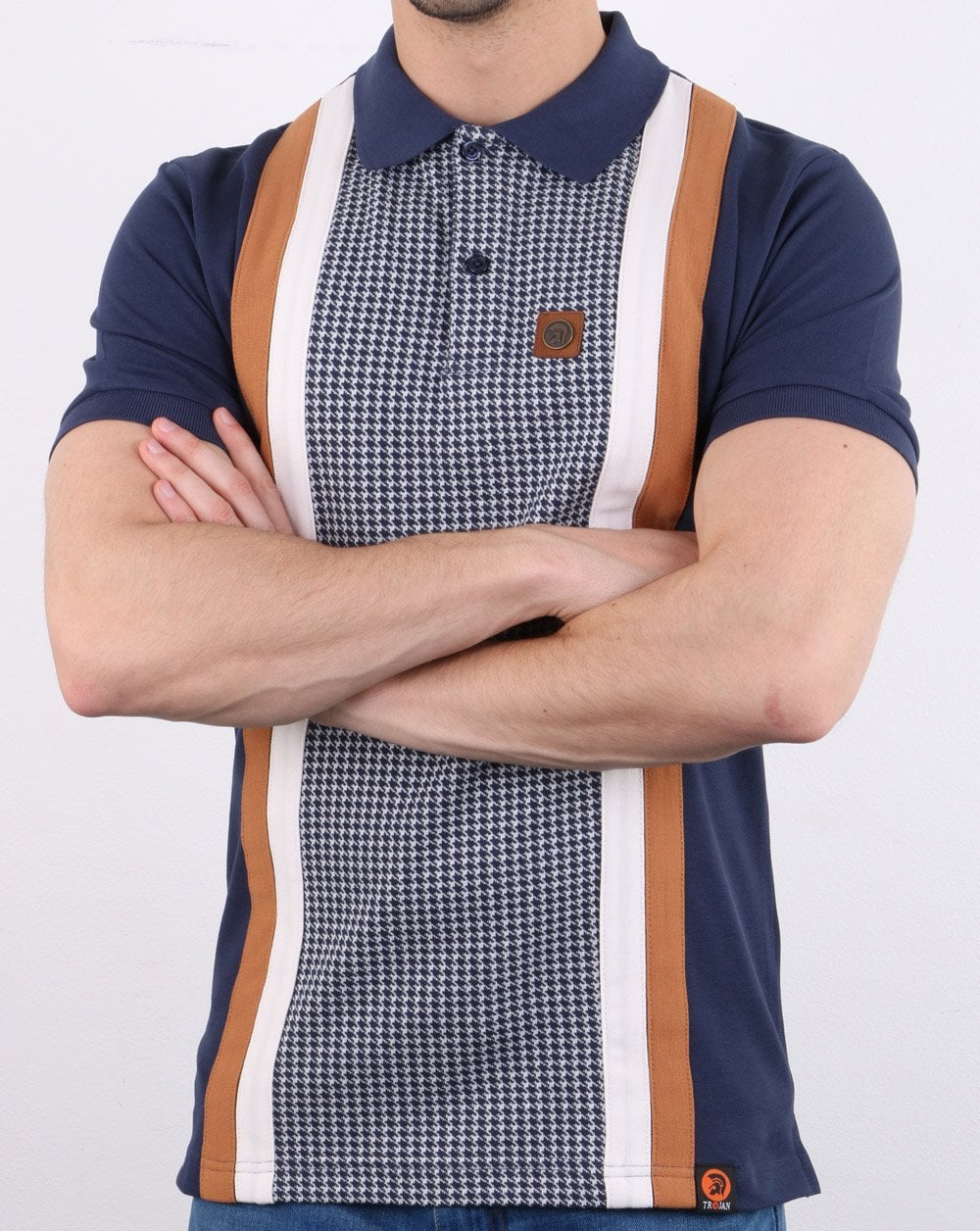 Trojan Houndstooth Polo Shirt Navy - Image 3