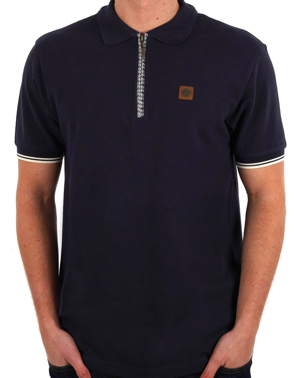 Trojan Houndstooth Trim Zip Pique Polo Navy - Image 3
