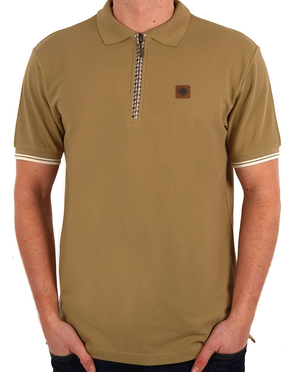 Trojan Houndstooth Zip Polo Camel