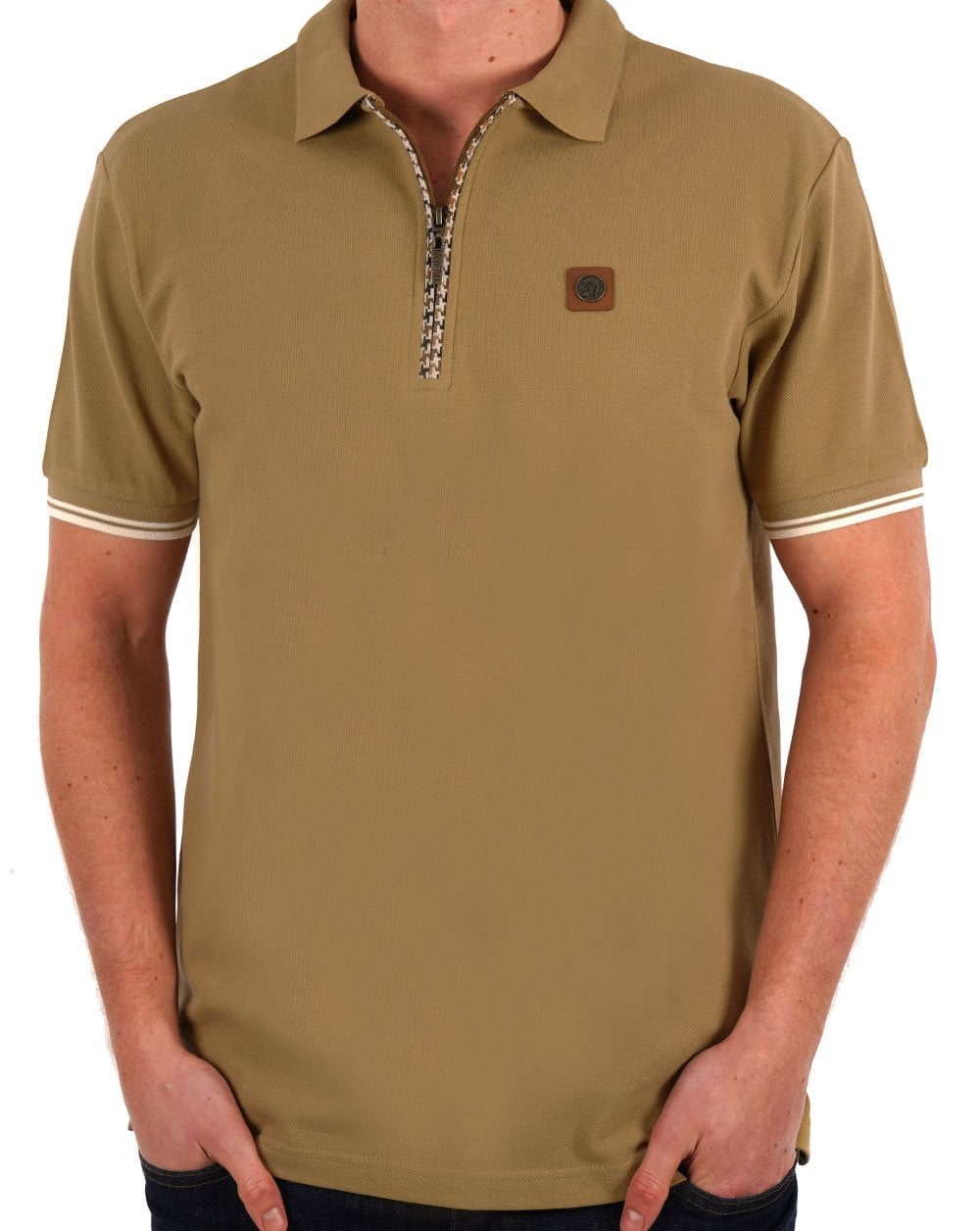 Trojan Houndstooth Zip Polo Camel - Image 2
