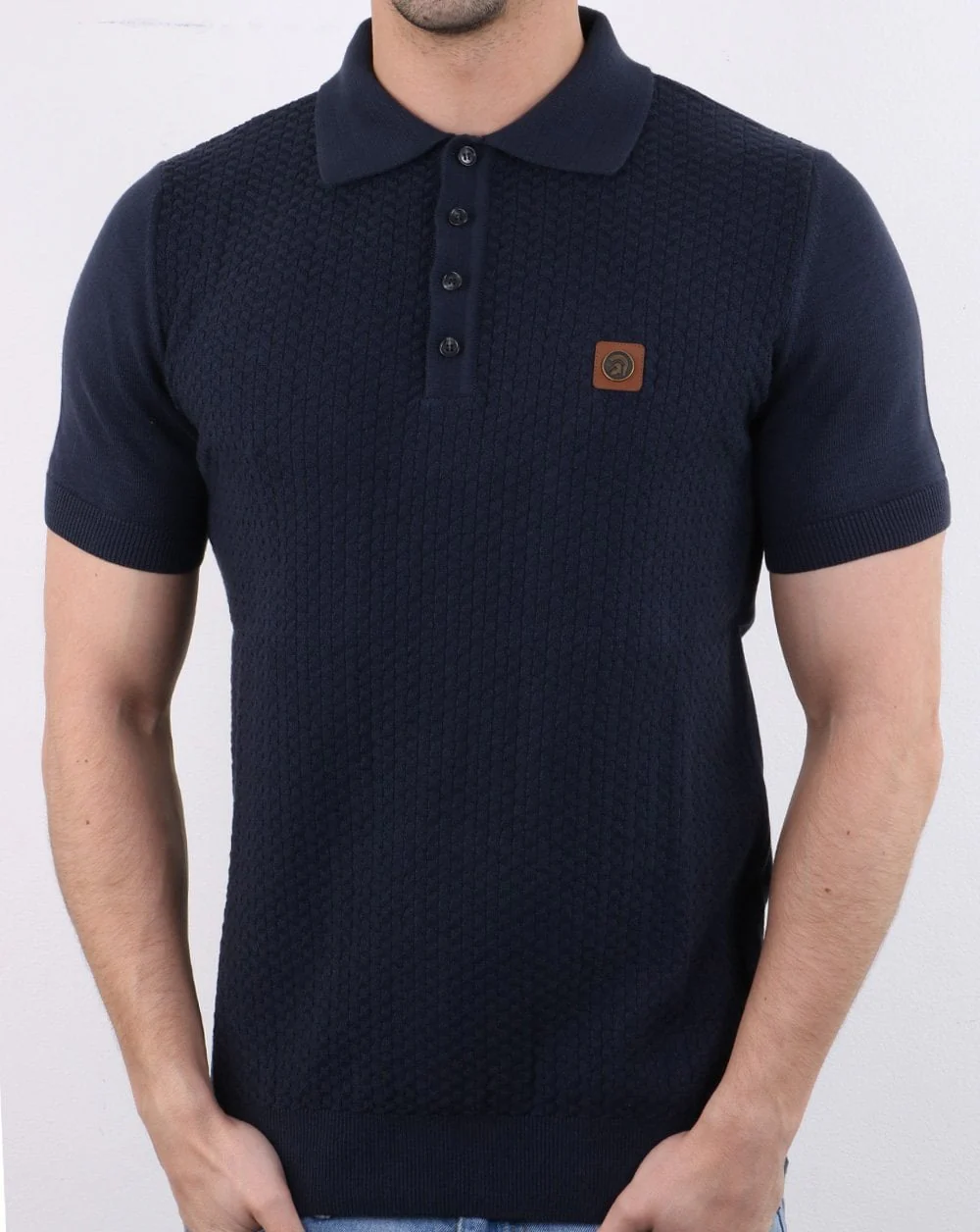 Trojan Knitted Pattern Polo Shirt Navy