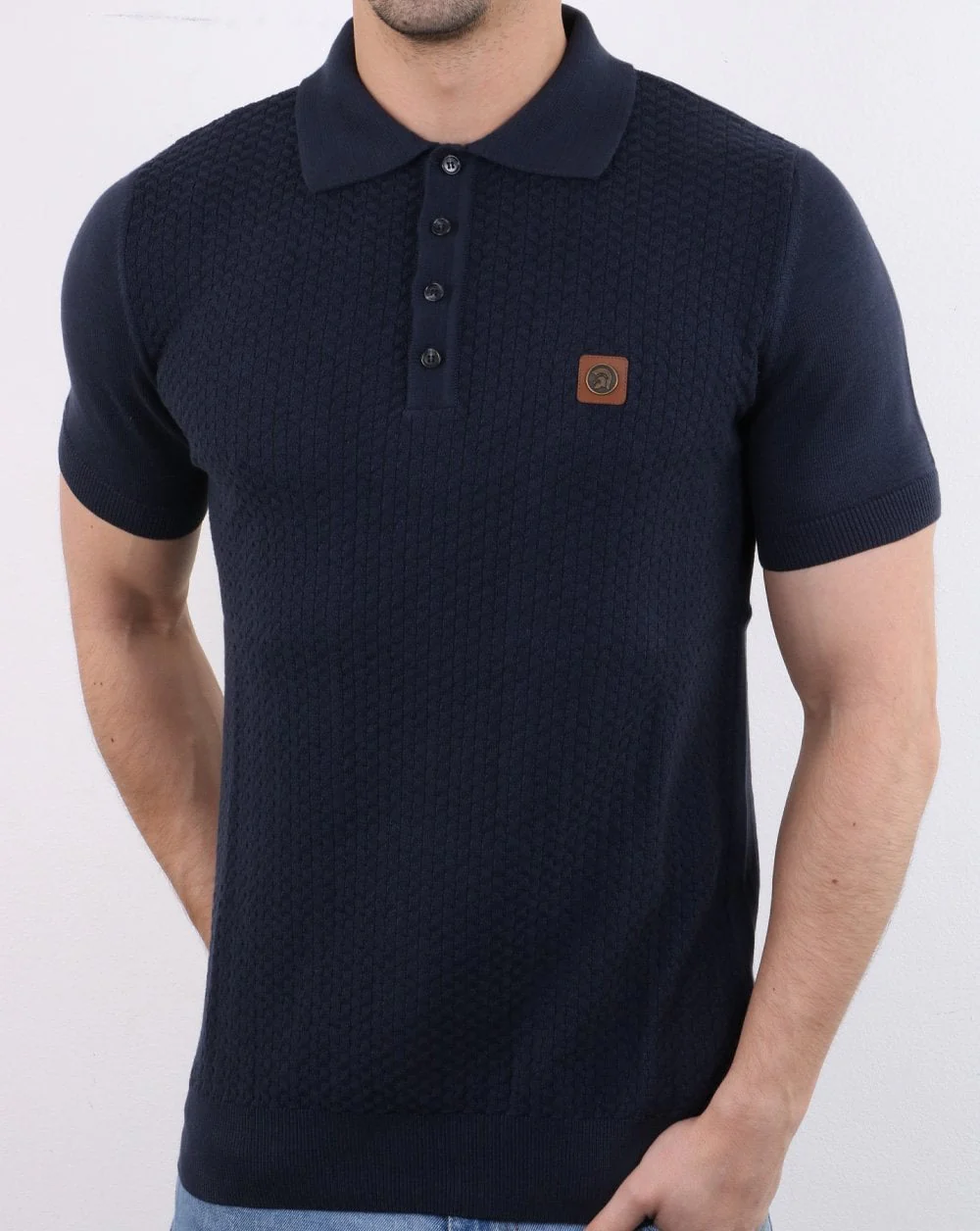 Trojan Knitted Pattern Polo Shirt Navy - Image 2