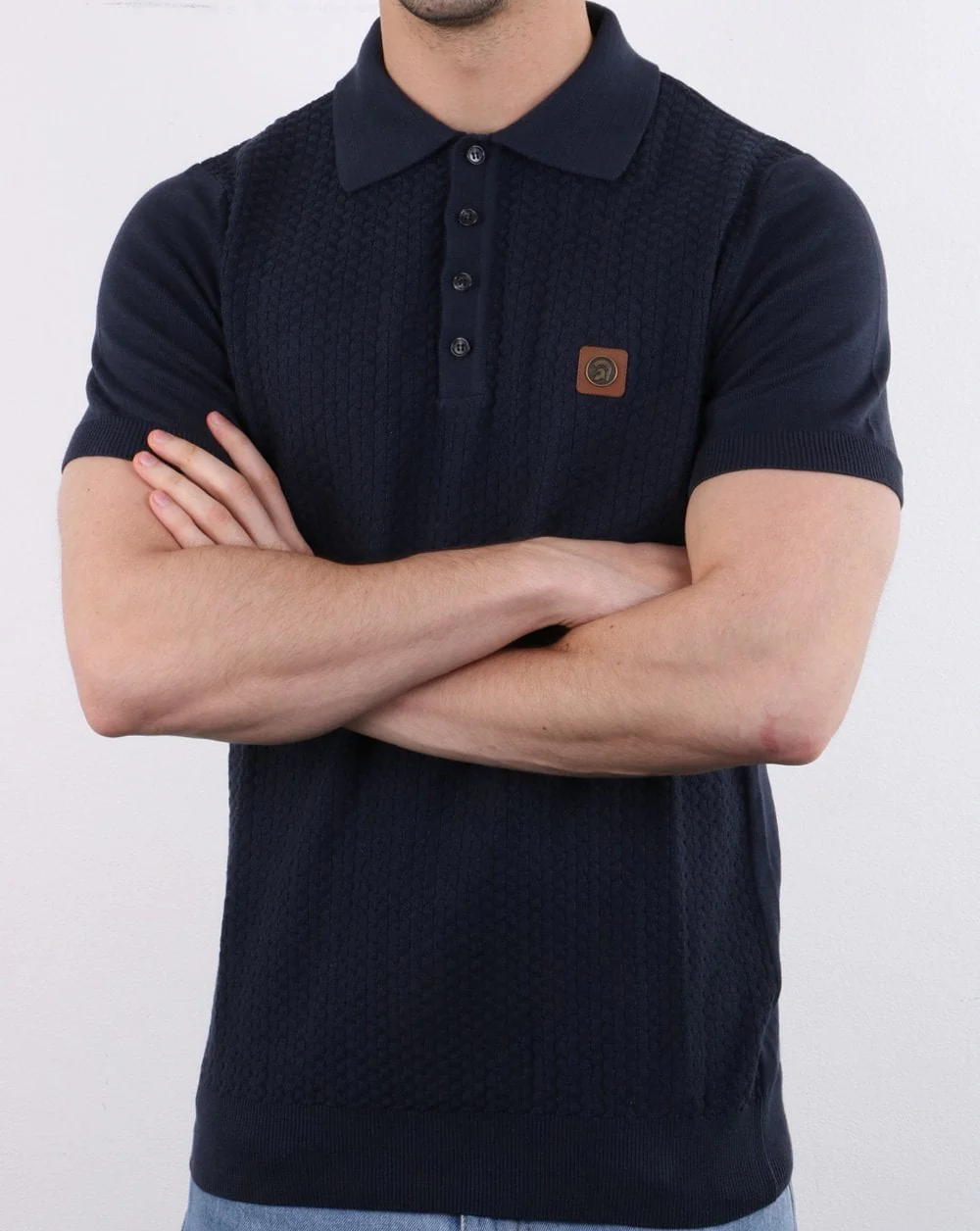 Trojan Knitted Pattern Polo Shirt Navy - Image 3