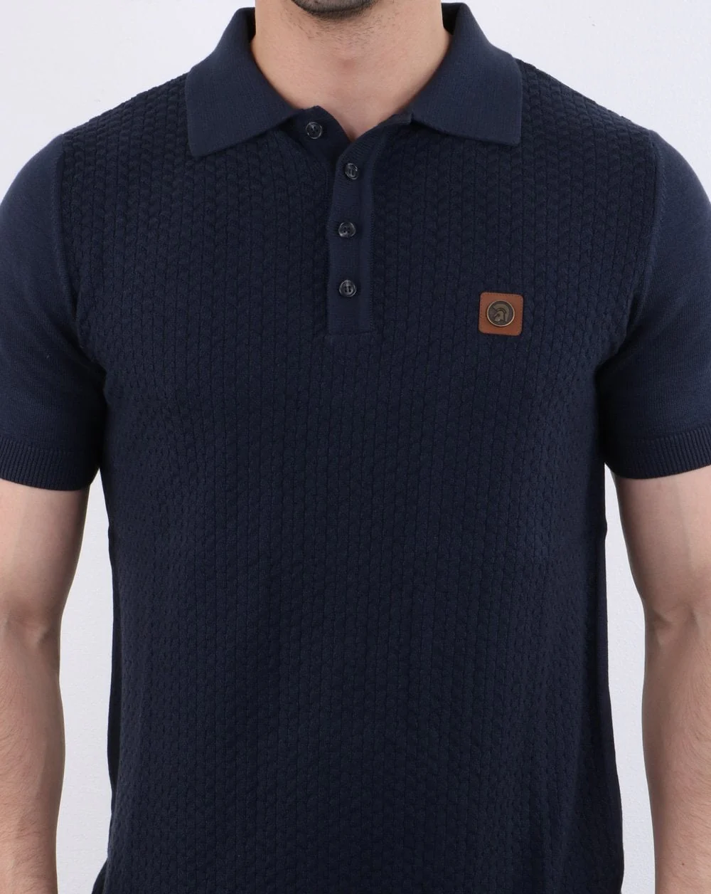 Trojan Knitted Pattern Polo Shirt Navy - Image 4