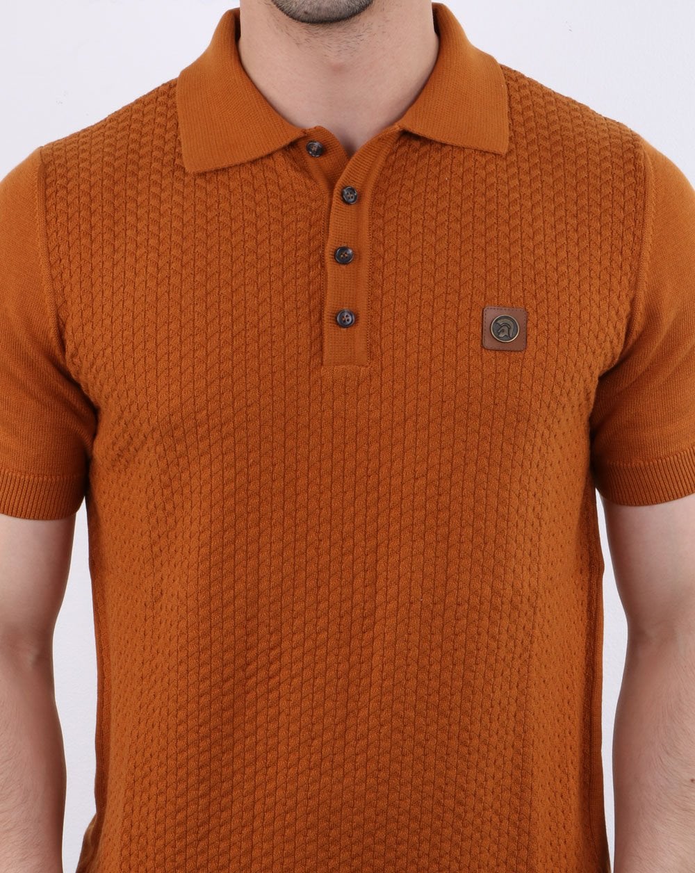 Trojan knitted pattern Polo Shirt Tan - Image 3