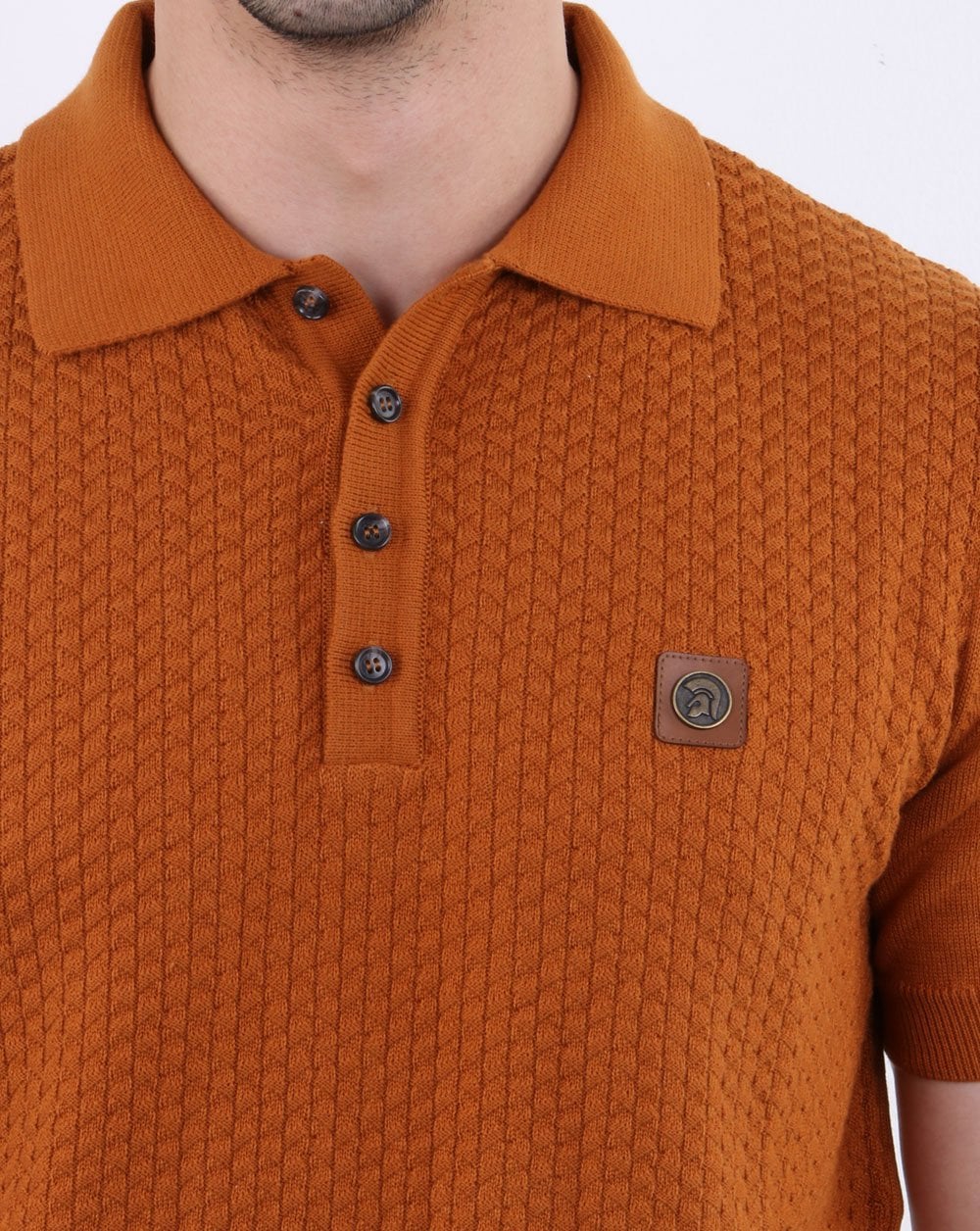 Trojan knitted pattern Polo Shirt Tan - Image 4