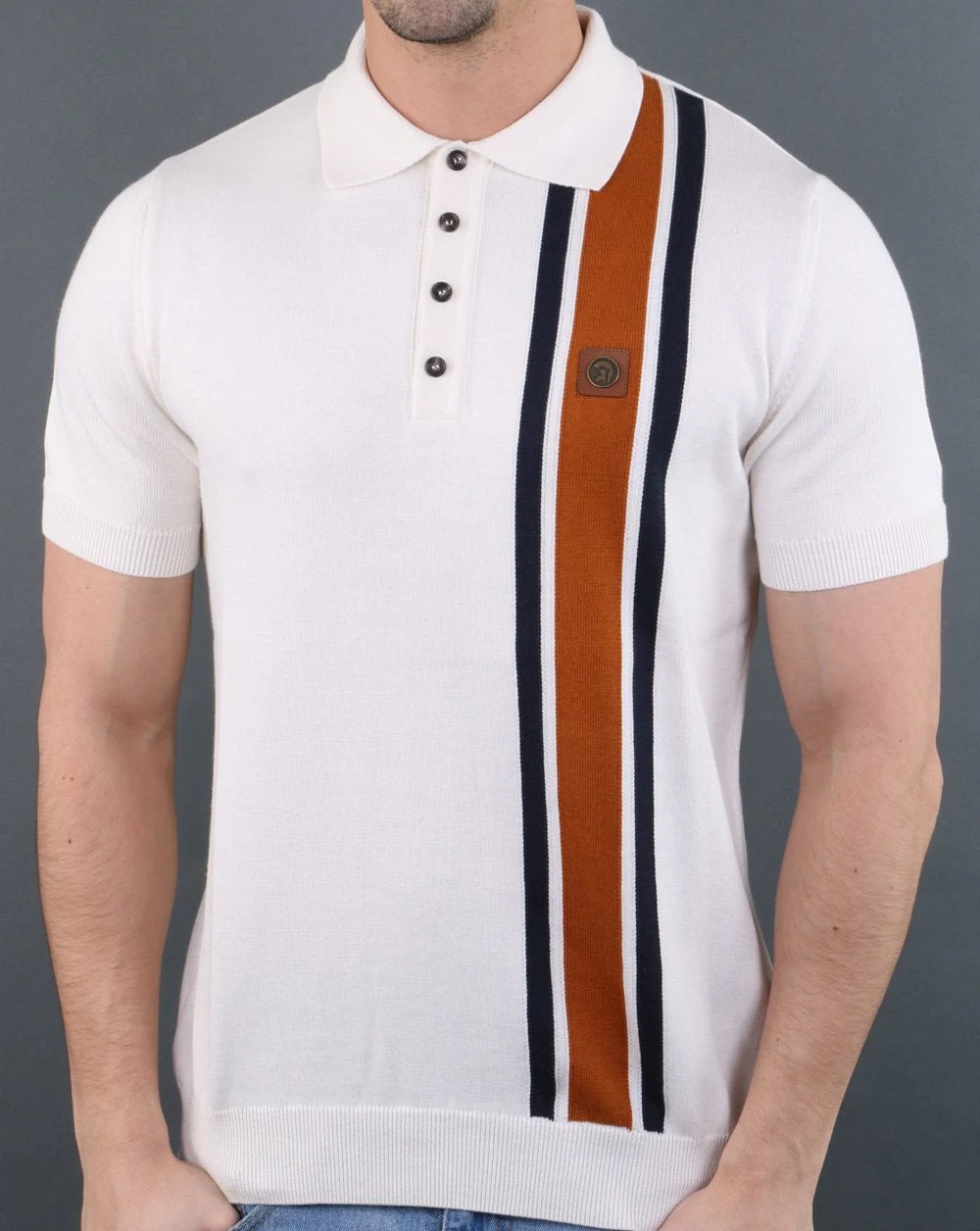 Trojan knitted Striped Polo Shirt Ecru