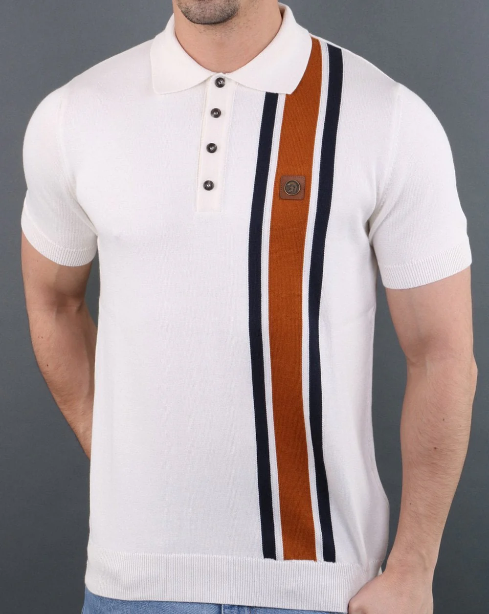 Trojan knitted Striped Polo Shirt Ecru - Image 2