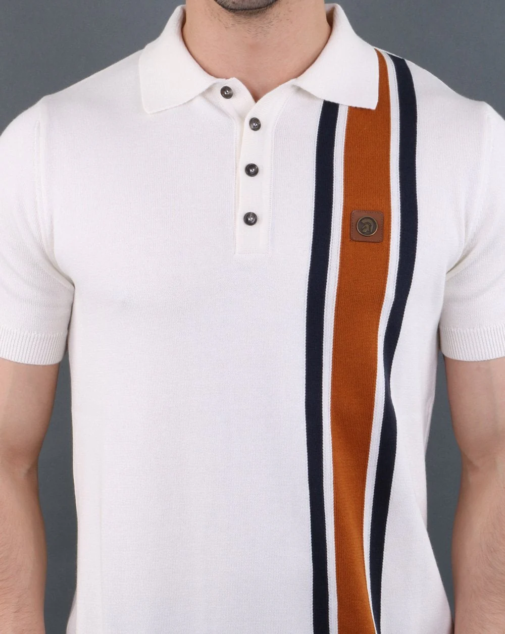 Trojan knitted Striped Polo Shirt Ecru - Image 4