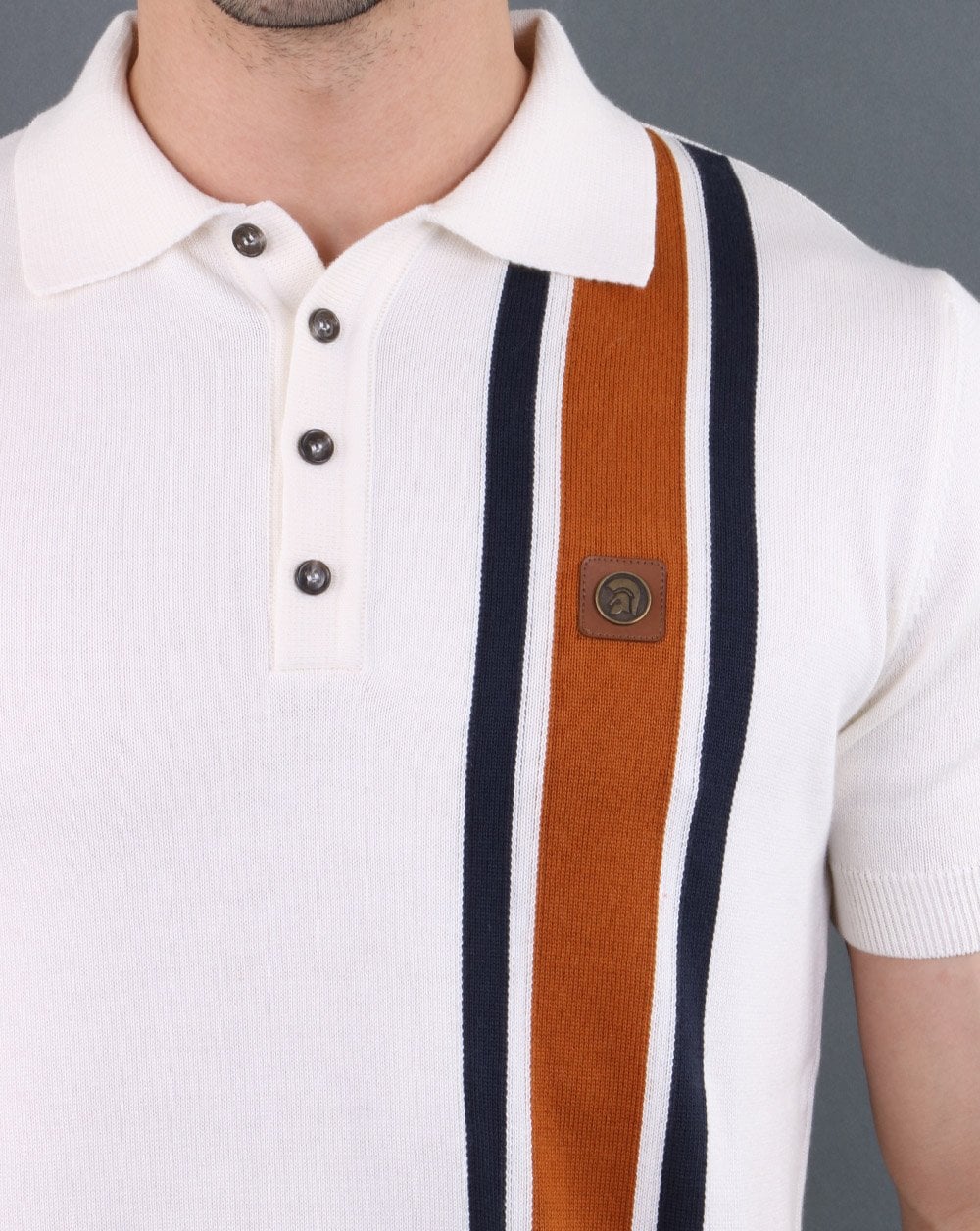 Trojan knitted Striped Polo Shirt Ecru - Image 5