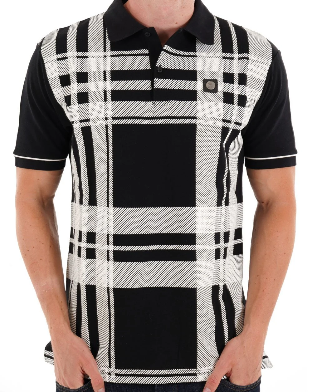 Trojan Oversized Print Check Polo Black - Image 3