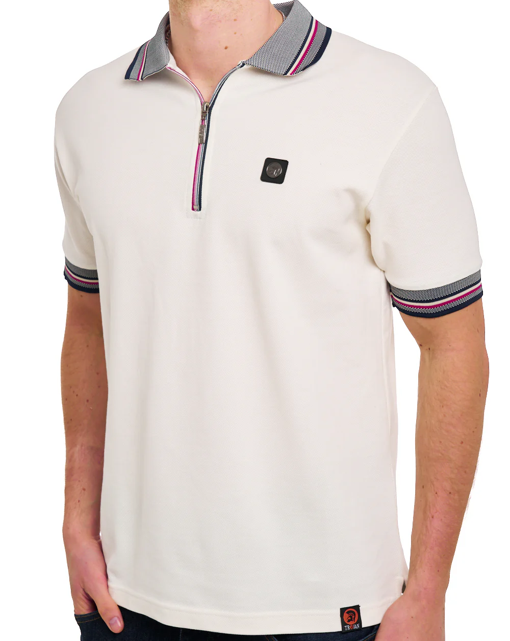 Trojan Oxford Collar Zip Polo Ecru - Image 3