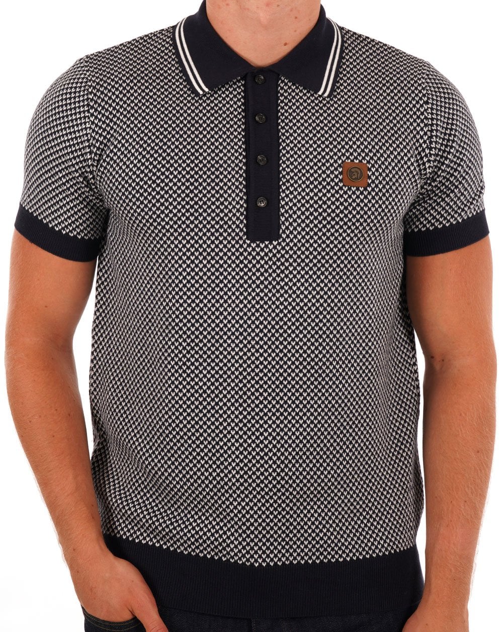Trojan Patterned Knitted Polo Navy - Image 3