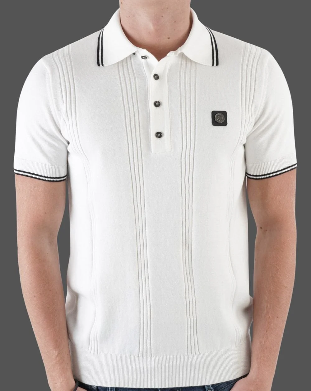 Trojan Self Stripe Polo Shirt Ecru - Image 3