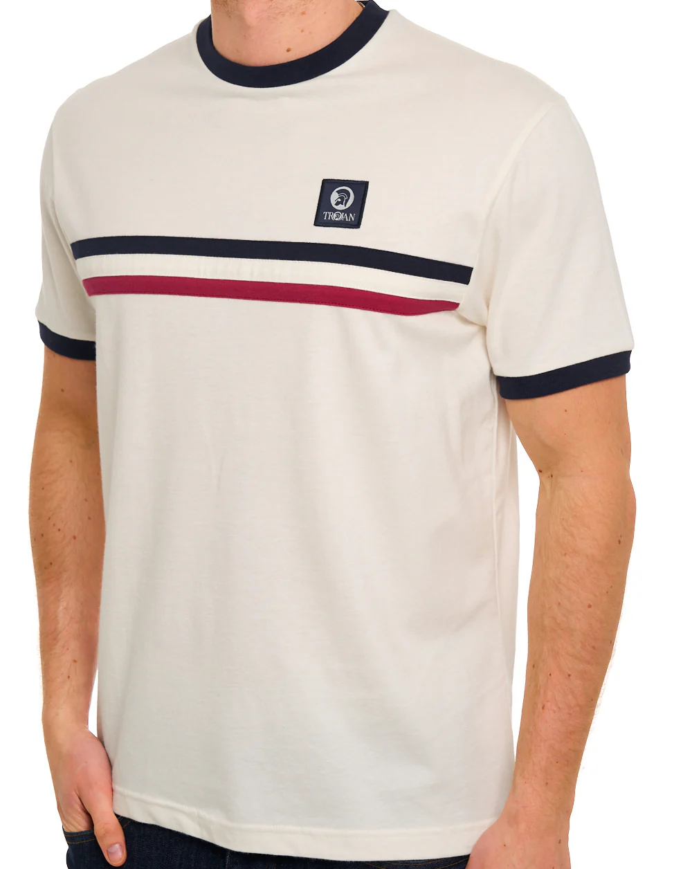 Trojan Stripe Front T Shirt Ecru - Image 2