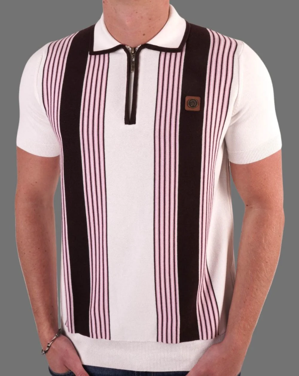 Trojan Stripe Front Zip Knitted Polo Ecru - Image 3