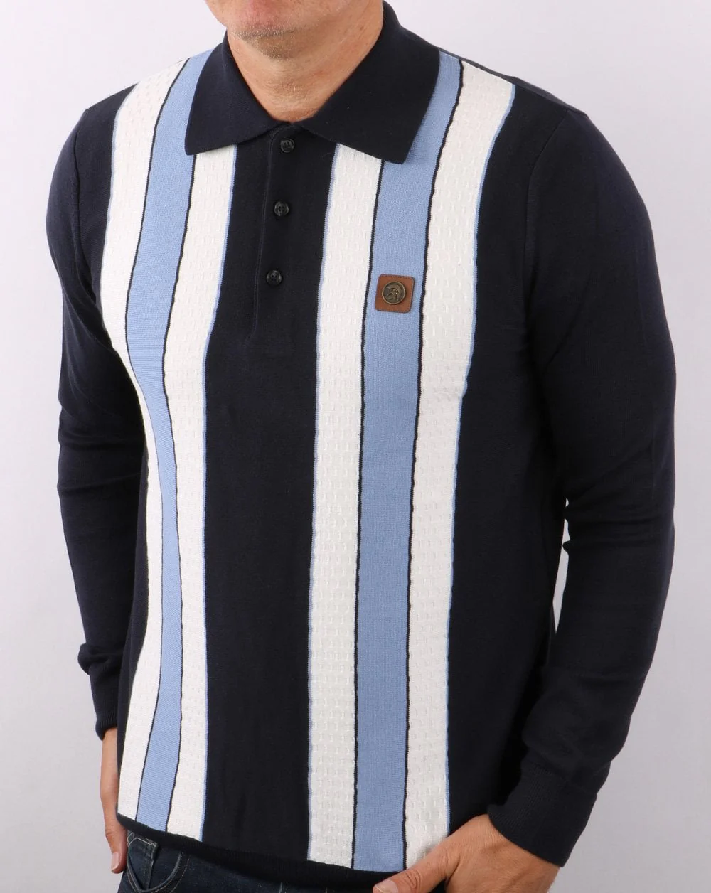 Trojan Stripe Knitted Polo Shirt Navy - Image 2