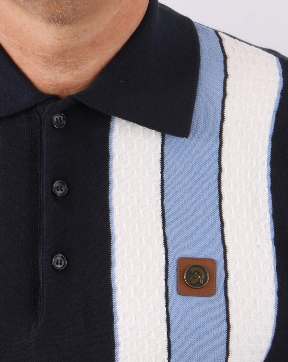 Trojan Stripe Knitted Polo Shirt Navy - Image 3