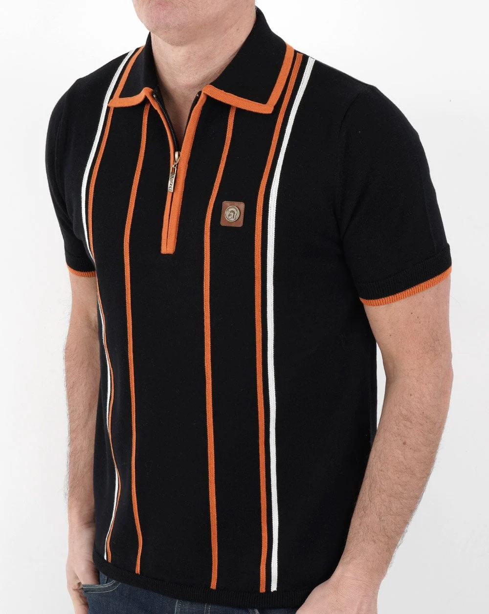 Trojan Striped Knit Polo Shirt Black - Image 3