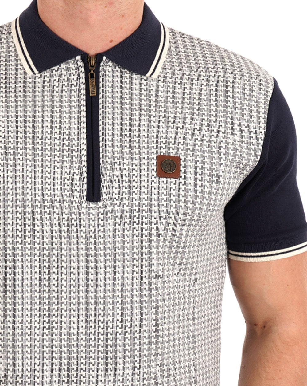 Trojan Textured Houndstooth Panel Polo Navy - Image 2