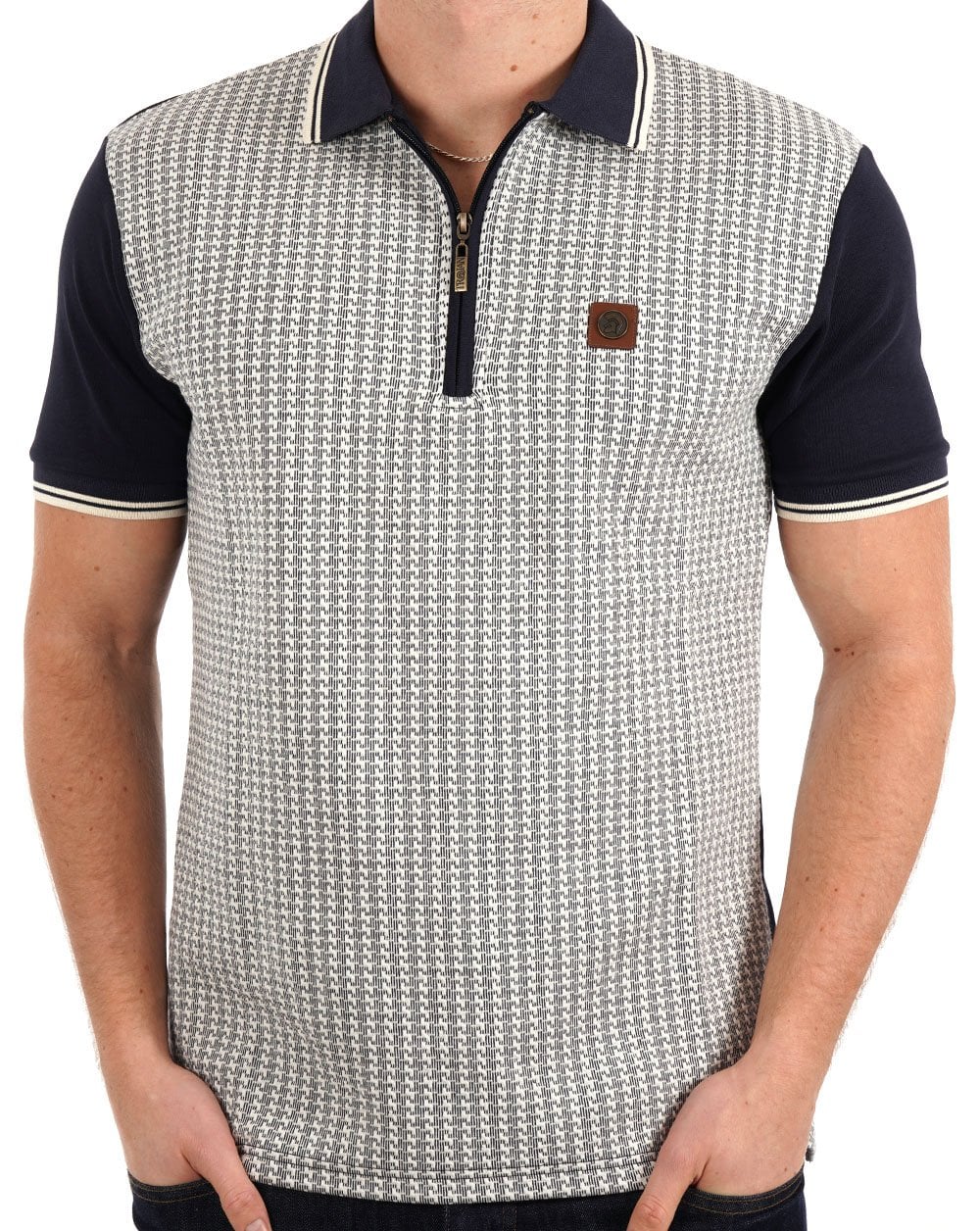 Trojan Textured Houndstooth Panel Polo Navy - Image 3