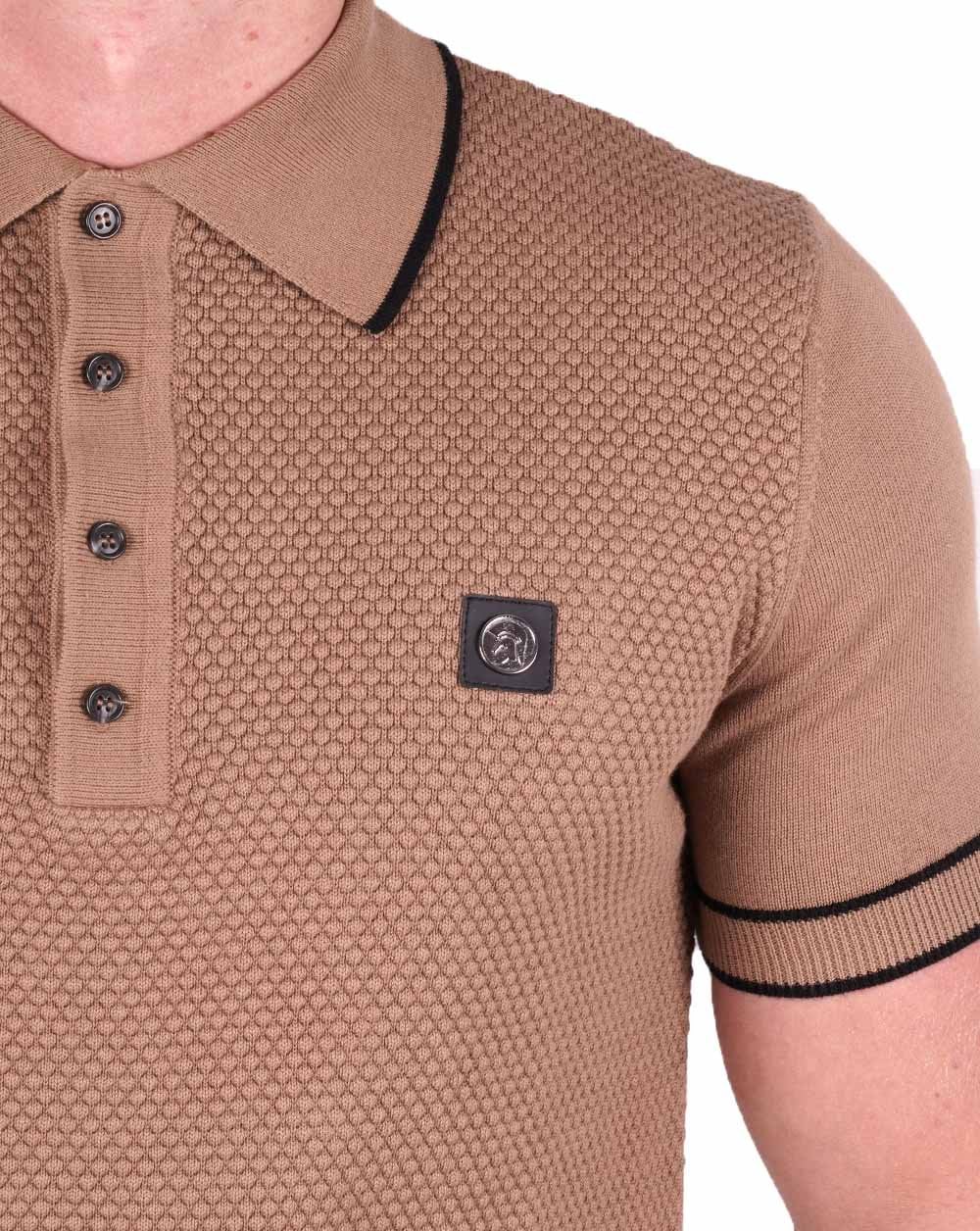 Trojan Textured Knit Polo Shirt Camel - Image 2