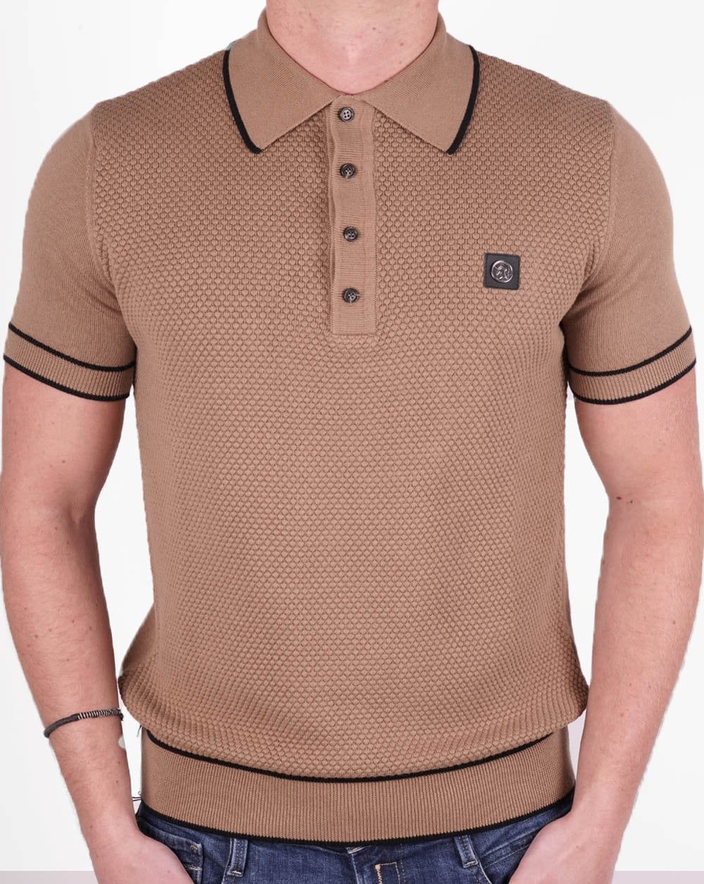 Trojan Textured Knit Polo Shirt Camel - Image 3