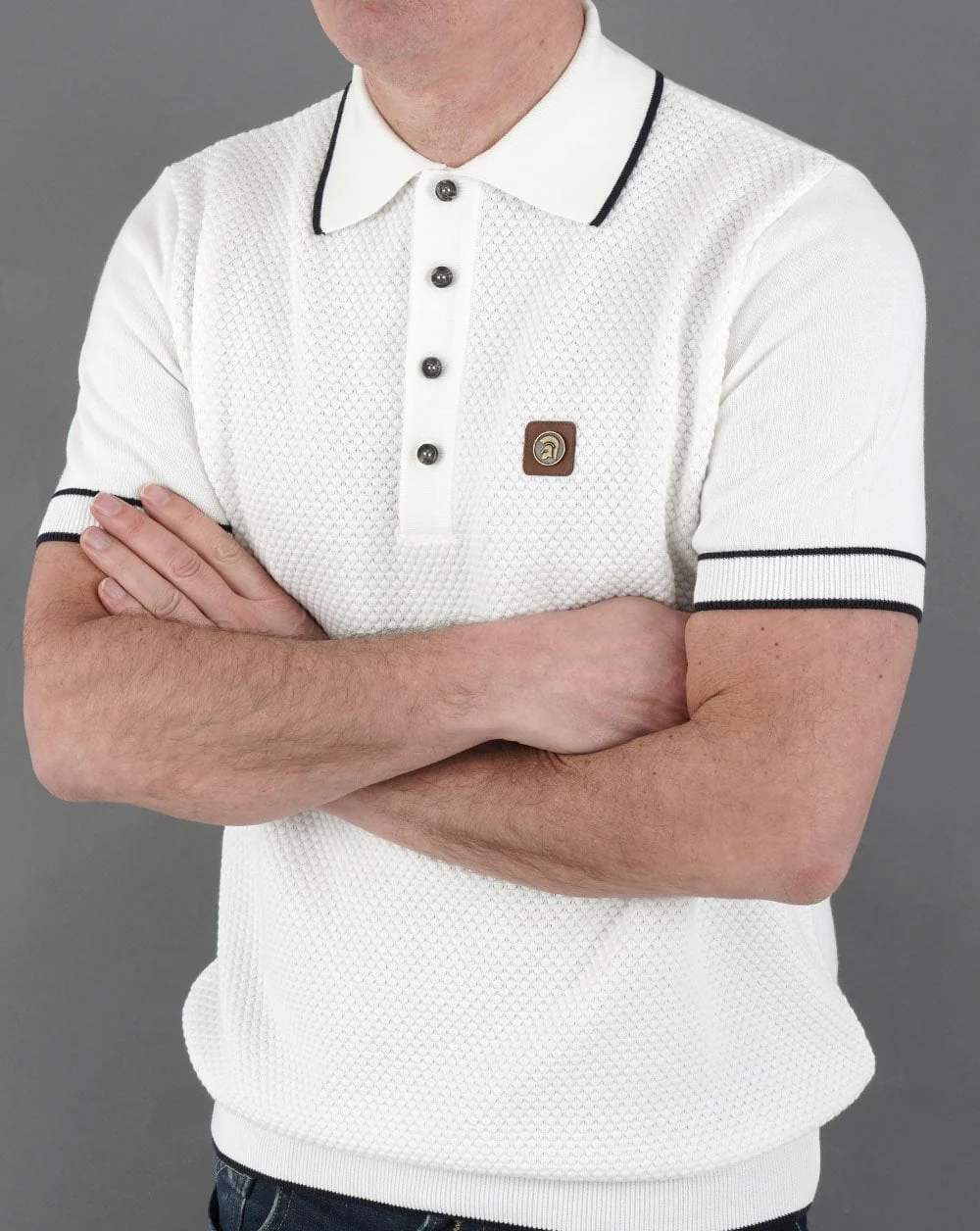Trojan Textured Knit Polo Shirt Ecru - Image 3