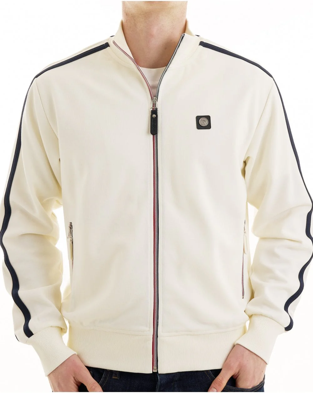 Trojan Twin Stripe Contrast Zip Track Top Ecru - Image 3