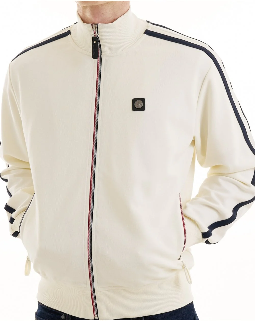 Trojan Twin Stripe Contrast Zip Track Top Ecru - Image 4