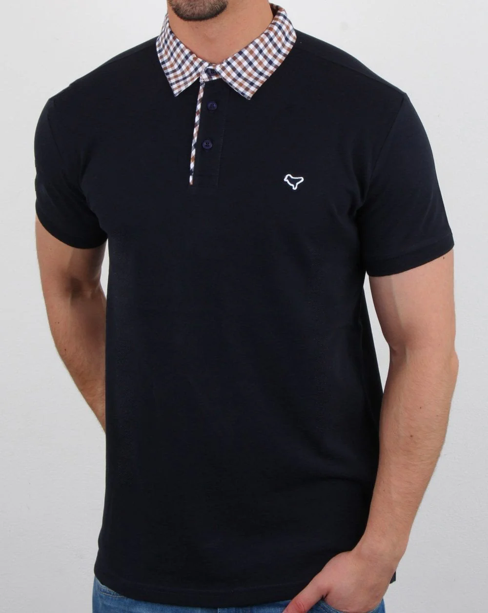 Weekend Offender Check Collared Polo Shirt Navy - Image 3