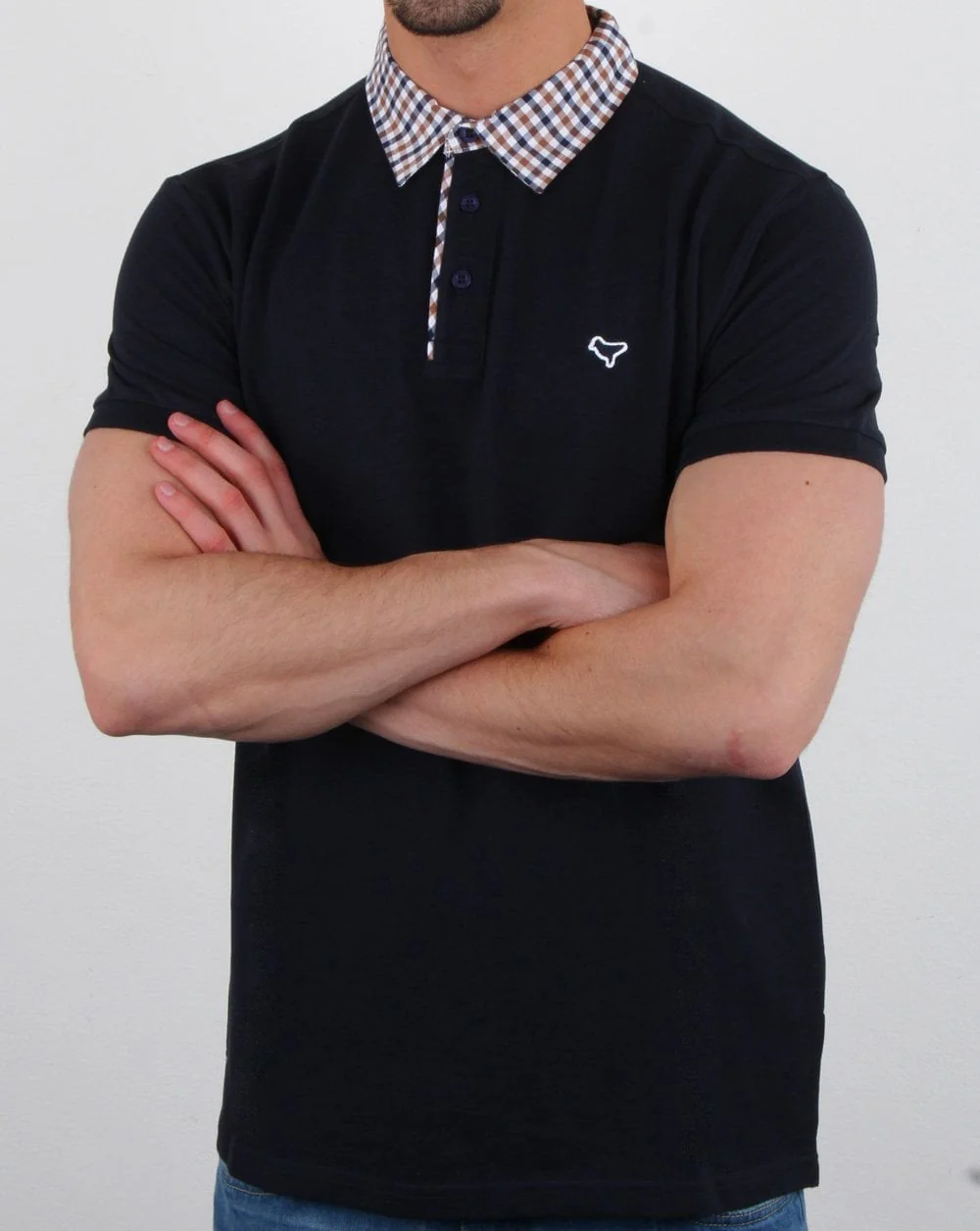 Weekend Offender Check Collared Polo Shirt Navy - Image 4